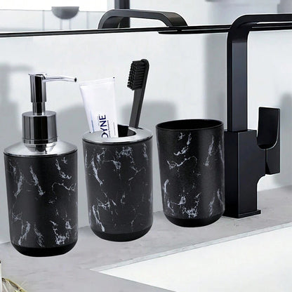 5-Piece Black Marble Bathroom Accessory Set - Durable Plastic, Toothbrush Holder, 2 Tumbler Cups, Soap Dispenser, Soap Dish with Tray