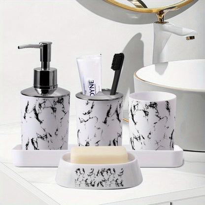 5-Piece Black Marble Bathroom Accessory Set - Durable Plastic, Toothbrush Holder, 2 Tumbler Cups, Soap Dispenser, Soap Dish with Tray