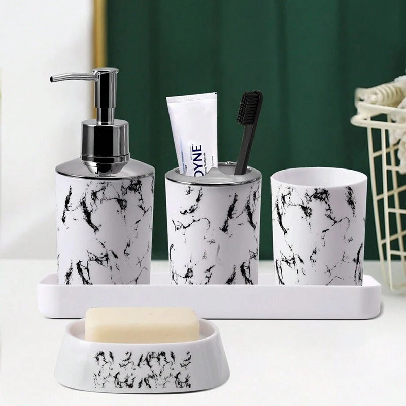 5-Piece Black Marble Bathroom Accessory Set - Durable Plastic, Toothbrush Holder, 2 Tumbler Cups, Soap Dispenser, Soap Dish with Tray