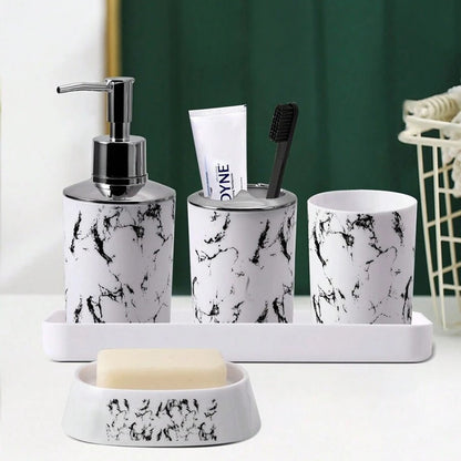 5-Piece Black Marble Bathroom Accessory Set - Durable Plastic, Toothbrush Holder, 2 Tumbler Cups, Soap Dispenser, Soap Dish with Tray
