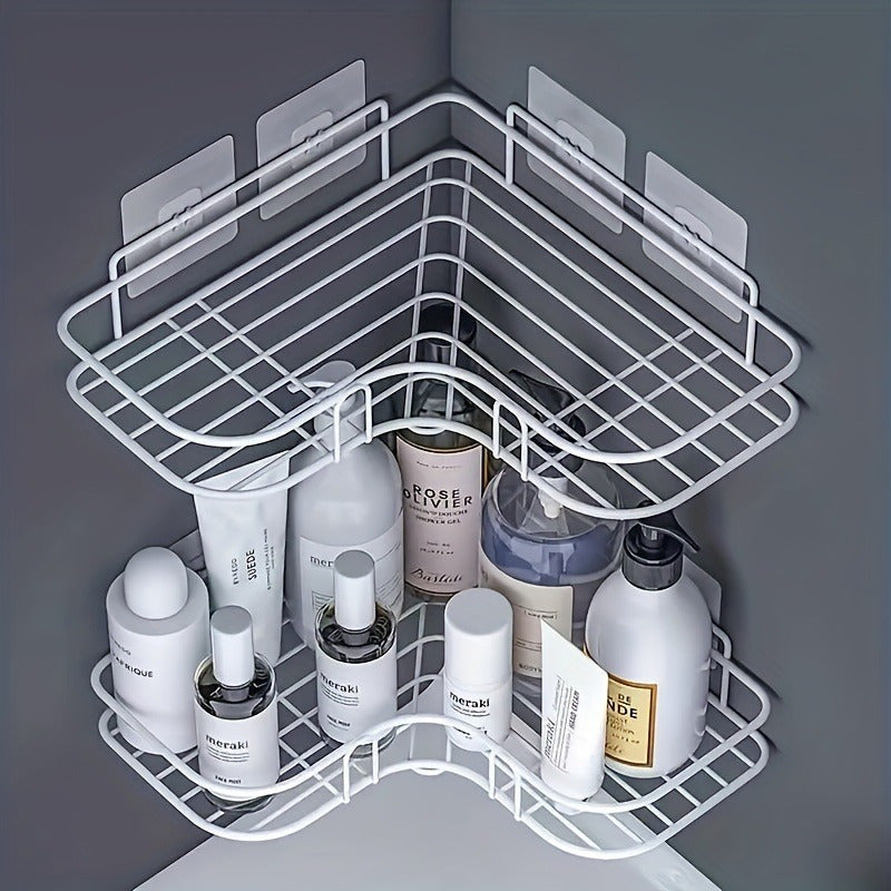 Easy-Install No-Drill Corner Shelf - Space-Saving Bathroom Organizer for Shampoo, Cosmetics & More - Durable Wrought Iron, Wall-Mounted Design