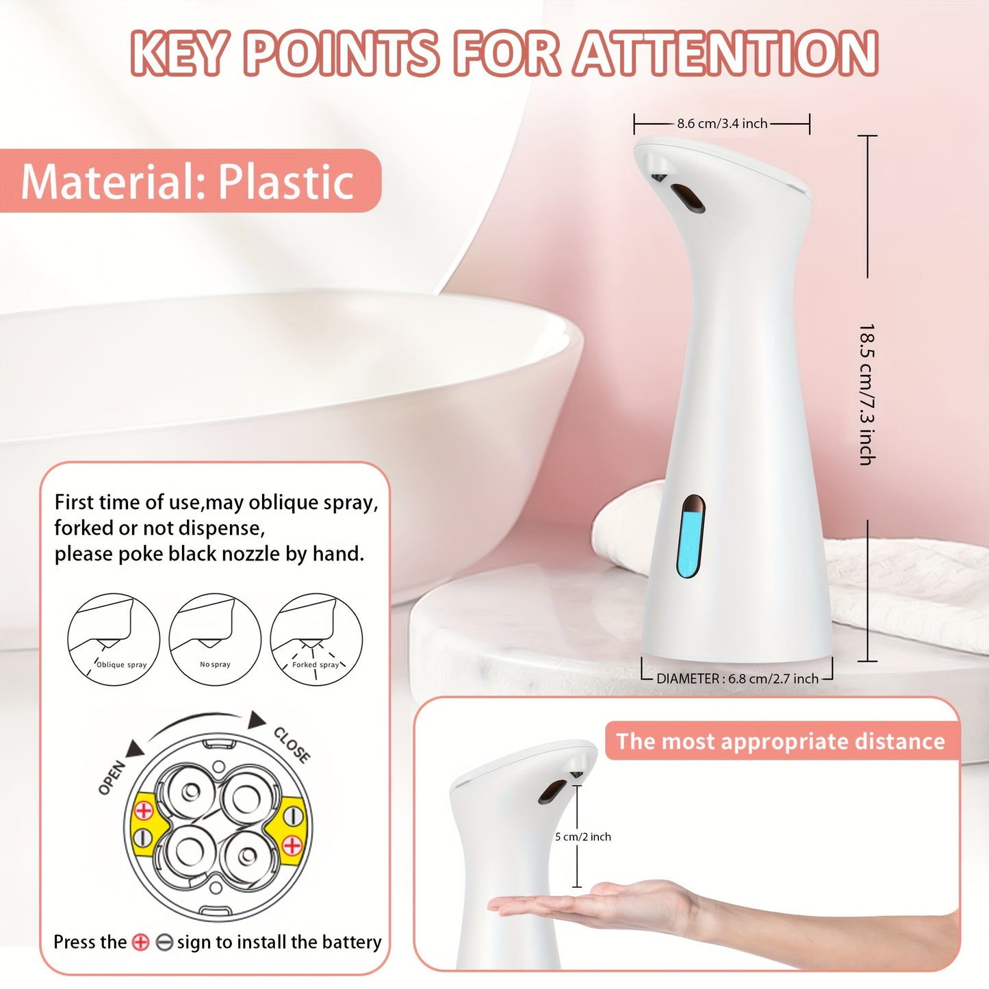 1pc HOTU Automatic Soap Dispenser, Touchless Infrared Sensor, Hands-Free Freestanding Operation, Phthalate-Free Plastic, Battery Operated (4xAAA Not Included), for Kitchen Bathroom Hotel