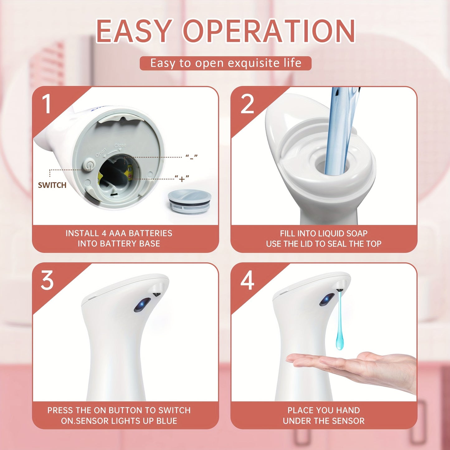 1pc HOTU Automatic Soap Dispenser, Touchless Infrared Sensor, Hands-Free Freestanding Operation, Phthalate-Free Plastic, Battery Operated (4xAAA Not Included), for Kitchen Bathroom Hotel