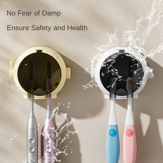 Wall-Mounted Toothbrush Holder with Dust Cover - No Drill, Upside Down Design for Electric & Manual Brushes, Space-Saving Bathroom Organizer