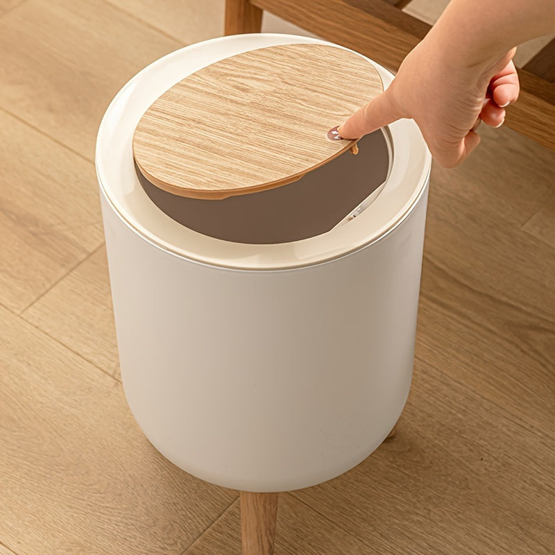 Cylindrical Plastic Trash Can with Press-Top Lid - Quiet Close Waste Bin for Office, Kitchen, Bathroom, Bedroom - No Electricity Needed, Easy Open Top