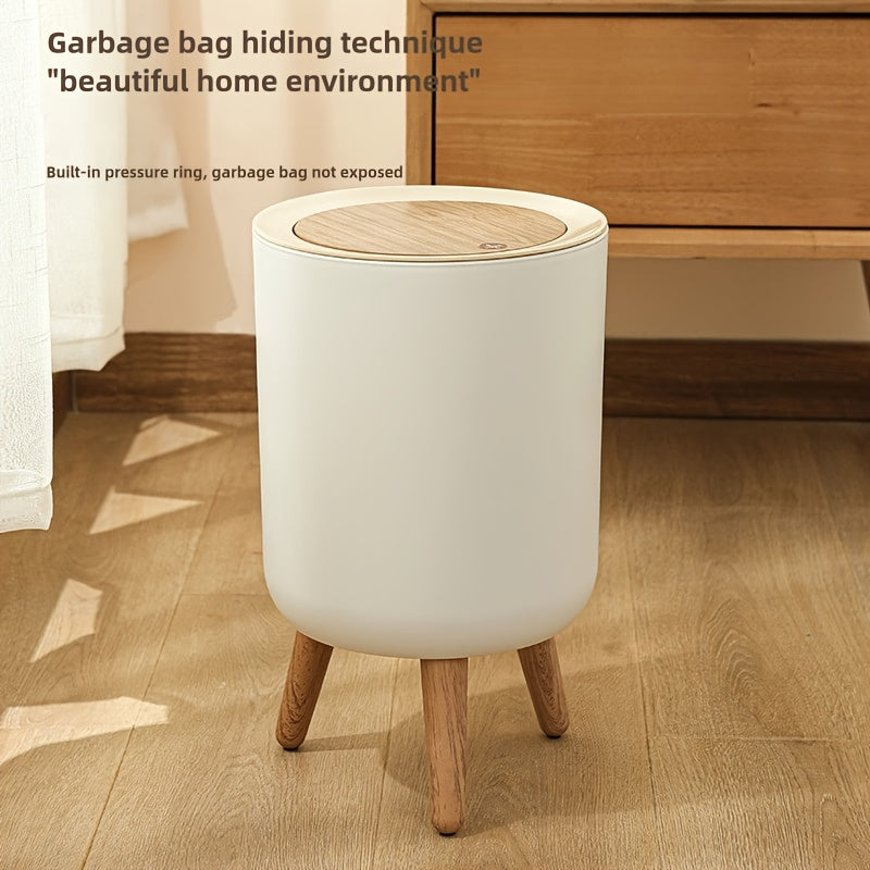 Cylindrical Plastic Trash Can with Press-Top Lid - Quiet Close Waste Bin for Office, Kitchen, Bathroom, Bedroom - No Electricity Needed, Easy Open Top