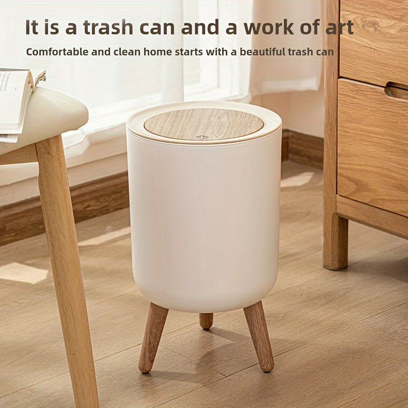 Cylindrical Plastic Trash Can with Press-Top Lid - Quiet Close Waste Bin for Office, Kitchen, Bathroom, Bedroom - No Electricity Needed, Easy Open Top