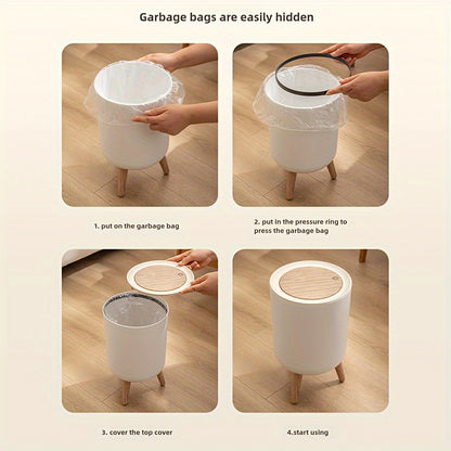 Cylindrical Plastic Trash Can with Press-Top Lid - Quiet Close Waste Bin for Office, Kitchen, Bathroom, Bedroom - No Electricity Needed, Easy Open Top