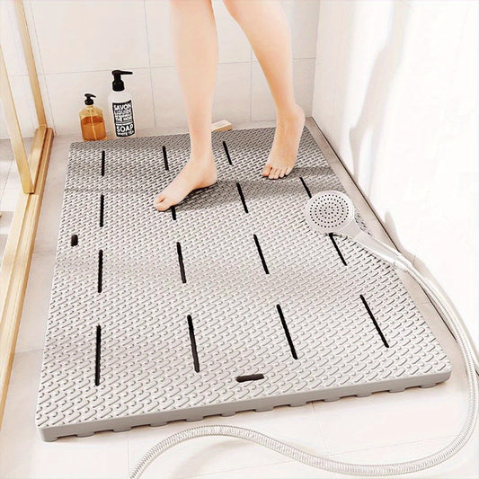 Gray Textured Anti-Slip Shower Mat with Drainage Channels - Waterproof PVC Bathroom Rug for Enhanced Safety and Comfort, Durable and Easy to Clean, Bathroom Mat