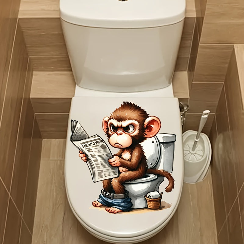 1pc Newspaper-Reading Monkey Toilet Sticker, Animal Series, Self-Adhesive, Ceramic-Compatible, Bathroom Decor, Lid & Tank Decal, Square, Semi-Gloss Finish