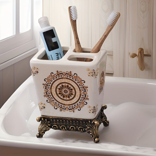 Minimalist Design, Vintage-Inspired Ceramic Toothbrush Holder - Freestanding, Couple's Bathroom Organizer for Toothpaste & Brushes, Christmas/Halloween Gift Decoration