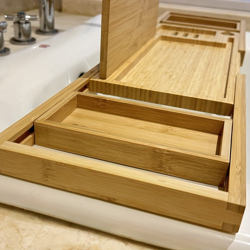 A bathtub tray, luxurious bamboo bathtub tray - adjustable natural bamboo bathtub storage rack, with wine rack, cup holder, soap dish, book space and mobile phone slot, suitable for SPA, bathroom and shower. Bamboo bathtub ra