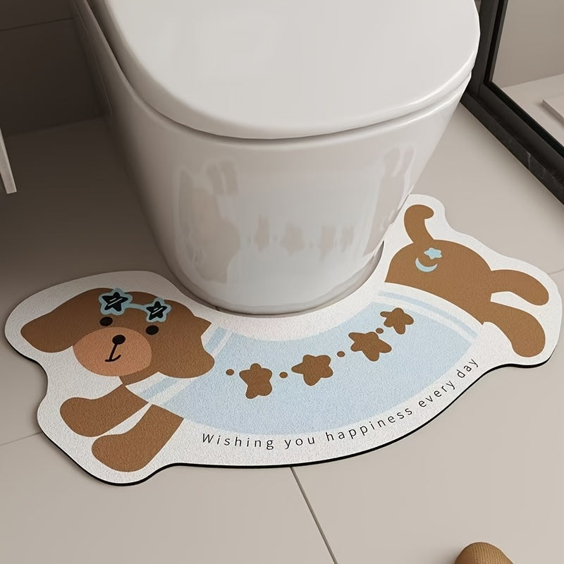 1pc Cute Cartoon U-Shaped Bathroom Rug, Soft Diatom Mud & Rubber Non-Slip Mat, Quick-Dry Polyester Knit Fabric, Machine Made, Hand Wash Only, 1800gsm - Absorbent Toilet Floor Mat