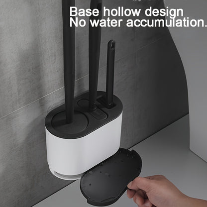 3pcs Modern Bathroom Toilet Brush Set with Long Handle, Wall-Mounted Holder, Hard Bristle Brushes, No-Drill Installation, Plastic Material, Electricity-Free Use