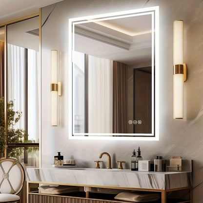 Bathroom Mirror with LED Lights, Large Rectangulaire Makeuo Mirror Dimmable 3 Colour Anti Fog Smart Touch Sensor Vanity Wall Mounted Frosted Glass Frame, Modern Design HD Hanging Bathroom Mirror with Backlit, Vertical Or Hori