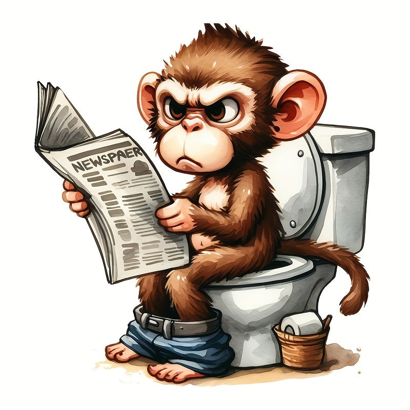 1pc Newspaper-Reading Monkey Toilet Sticker, Animal Series, Self-Adhesive, Ceramic-Compatible, Bathroom Decor, Lid & Tank Decal, Square, Semi-Gloss Finish
