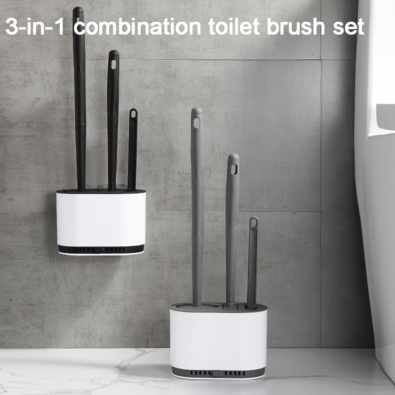 3pcs Modern Bathroom Toilet Brush Set with Long Handle, Wall-Mounted Holder, Hard Bristle Brushes, No-Drill Installation, Plastic Material, Electricity-Free Use