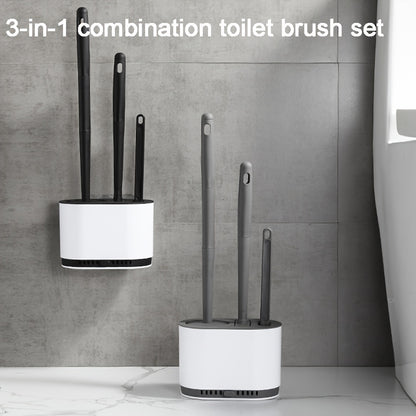 3pcs Modern Bathroom Toilet Brush Set with Long Handle, Wall-Mounted Holder, Hard Bristle Brushes, No-Drill Installation, Plastic Material, Electricity-Free Use