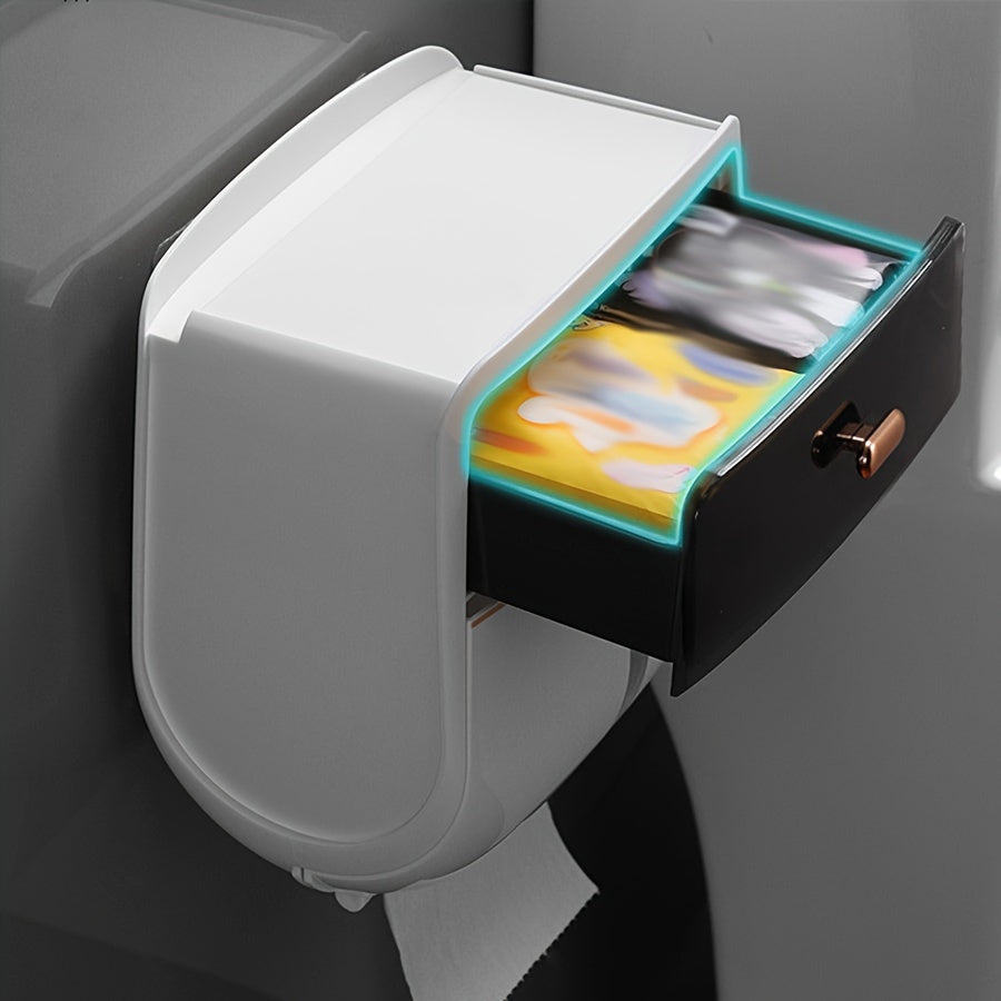 ASWEI Large Capacity Wall Mounted Tissue Box with Storage Rack, Self-Adhesive Plastic Toilet Paper Holder, Bathroom & Kitchen Wall Hanging Organizer