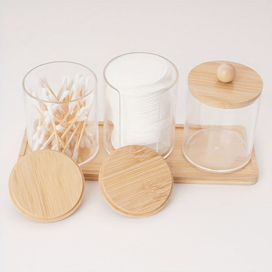 10 oz Qtip Holder with Vanity Tray, 3 Pack Cotton Swab/Ball/Pad Dispenser Apothecary Jar, Clear Bathroom Containers Dispenser for Storage Bamboo Lids