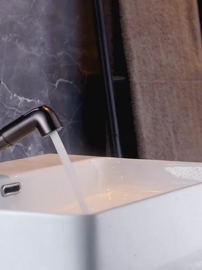Contemporary Brass Pull-Out Bathroom Sink Faucet with Dual Spout Function, 360-Degree Swivel, Single Hole Deck Mount, Ceramic Valve Core, Hot and Cold Water Mixer, Paint Finished Surface