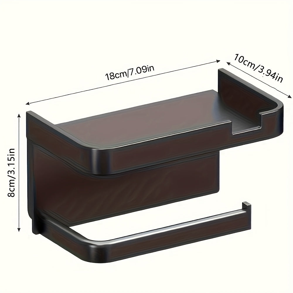 Wall-Mounted Toilet Paper Holder with Shelf and Phone Holder, Plastic, Self-Adhesive, No-Drill for Bathroom Tissue Roll Dispenser