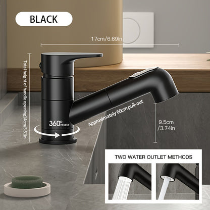 Contemporary Brass Pull-Out Bathroom Sink Faucet with Dual Spout Function, 360-Degree Swivel, Single Hole Deck Mount, Ceramic Valve Core, Hot and Cold Water Mixer, Paint Finished Surface