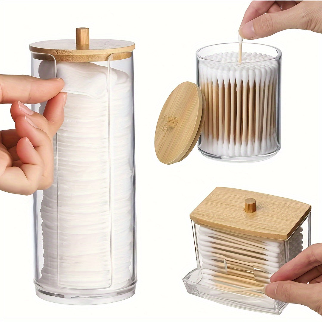 3pcs Makeup Organizer Set with Bamboo Lids - Dust-Proof, Portable Swab & Pad Holder for Bathroom Vanity