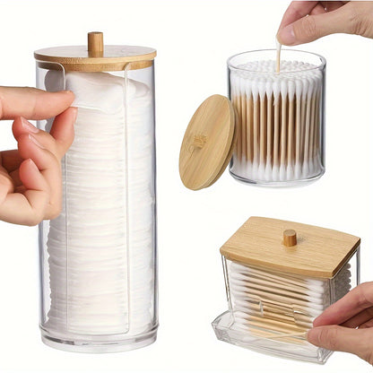 3pcs Makeup Organizer Set with Bamboo Lids - Dust-Proof, Portable Swab & Pad Holder for Bathroom Vanity