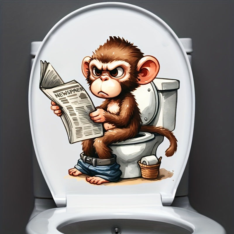 1pc Newspaper-Reading Monkey Toilet Sticker, Animal Series, Self-Adhesive, Ceramic-Compatible, Bathroom Decor, Lid & Tank Decal, Square, Semi-Gloss Finish