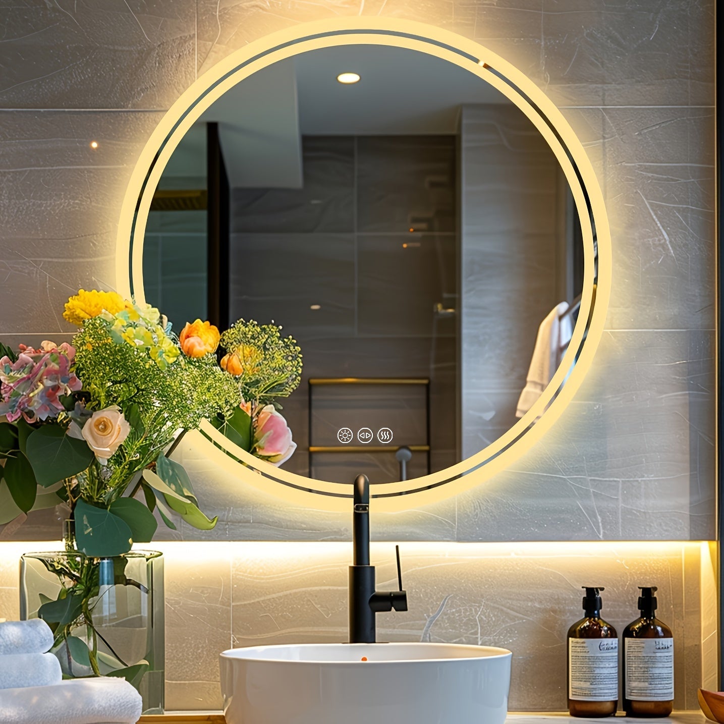 LED Bathroom Mirror Round: Lighting Dimmable Backlit Wall Mirror, Circle Illuminated Anti-Foge Vanity Mirror, 3 Smart Touch Button Makeup With Brightness Adjustable, Memory Function Modern Shaving Mirror With Acrylic Edge