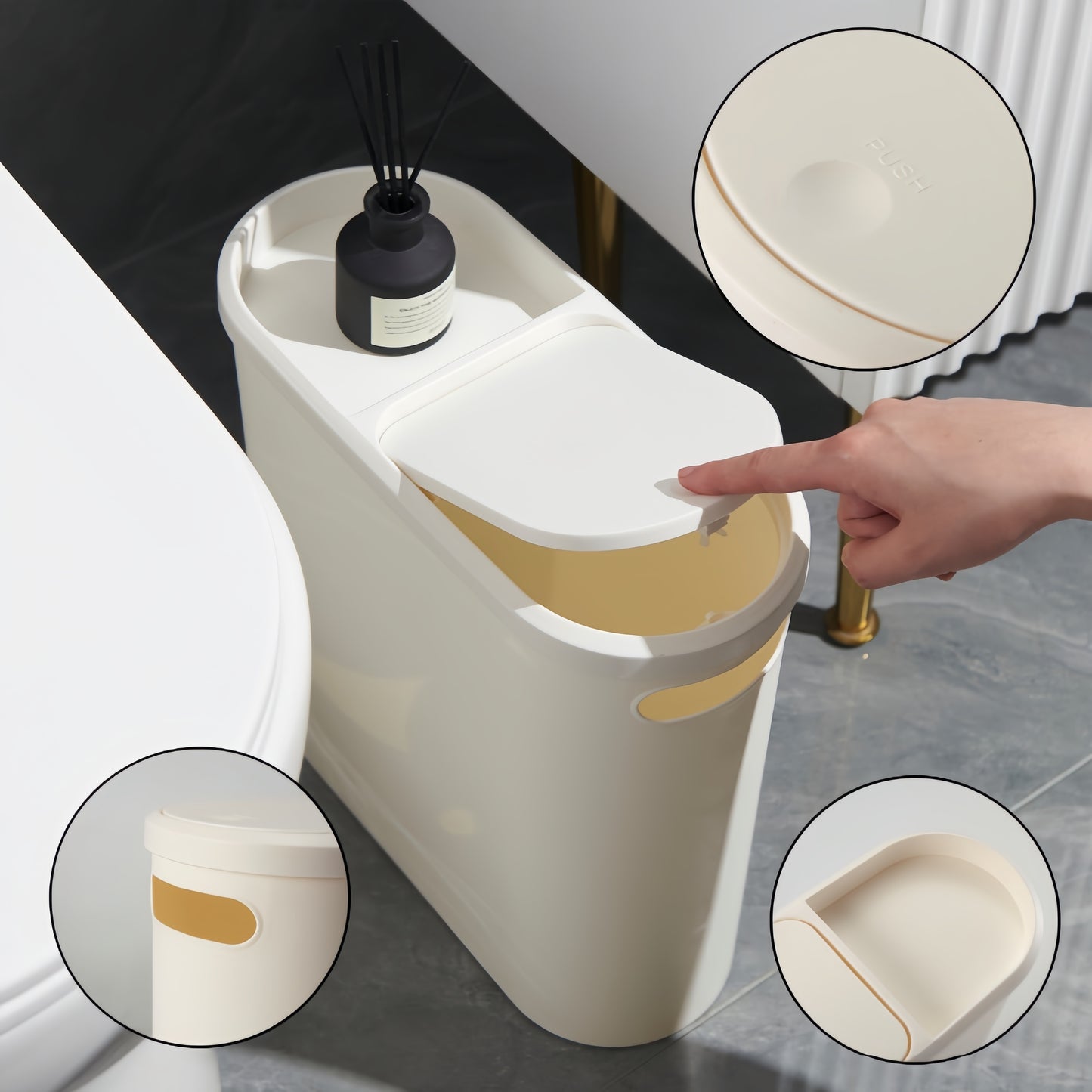 1pc Slim Bathroom Trash Can with Lid, 10L/2.64gal Plastic Garbage Bin, Polished Finish, Odor-Sealing, Press-Top Opening, Bag Holder, Durable Creative Home Accessory for Bathroom, Bedroom, Living Room