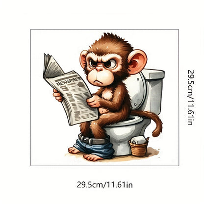 1pc Newspaper-Reading Monkey Toilet Sticker, Animal Series, Self-Adhesive, Ceramic-Compatible, Bathroom Decor, Lid & Tank Decal, Square, Semi-Gloss Finish