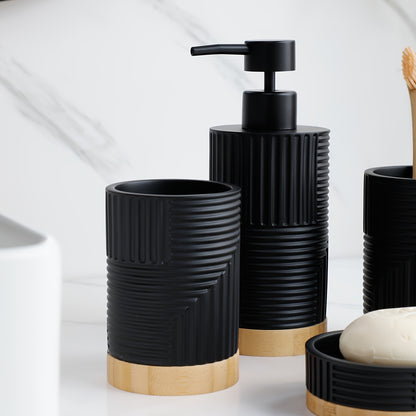 ZHANWANGJIAJU 4pcs Bathroom Accessory Set - Includes Soap Dispenser, Mouthwash Cup, and Soap Dish in Black with Wood Accents