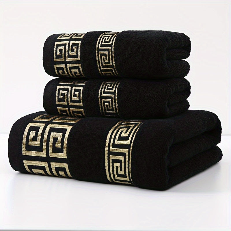 3pcs 100% Cotton Towel Set (1 Bath Towel, 2 Washcloths) GSM410, Exquisite Embroidery, Geometric Pattern, Luxury Style Bath Towel, Very Soft, Very Absorbent, Not Easy to Shed And Not Easy to Fade, Bathroom Essentials, Suitable