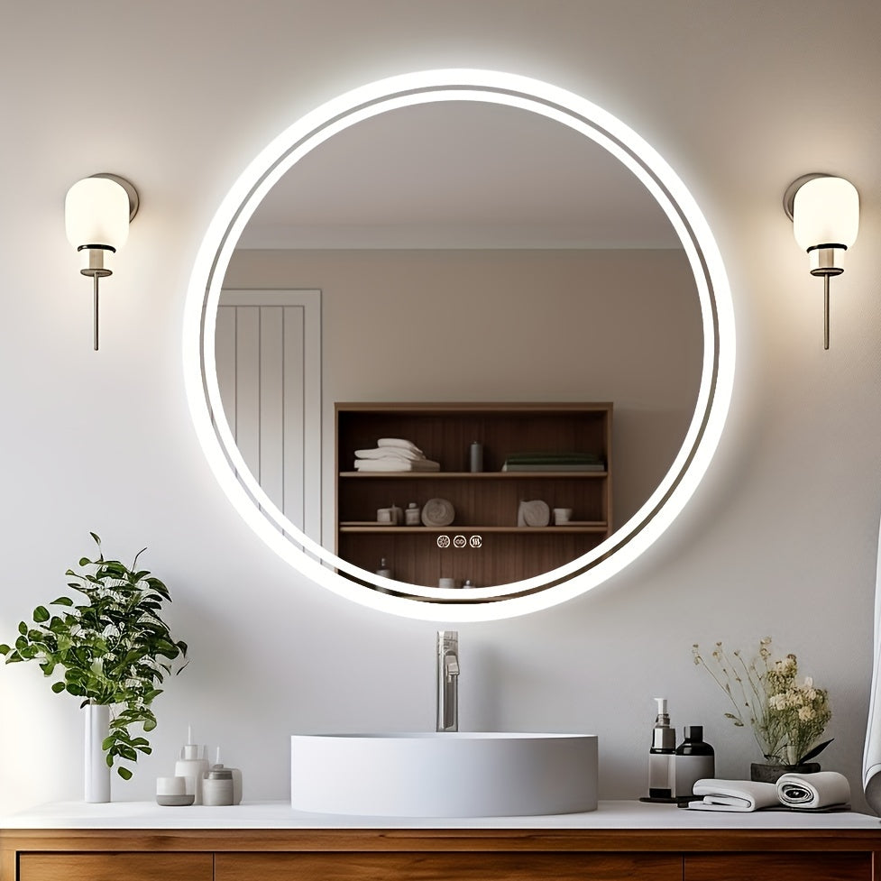 LED Bathroom Mirror Round: Lighting Dimmable Backlit Wall Mirror, Circle Illuminated Anti-Foge Vanity Mirror, 3 Smart Touch Button Makeup With Brightness Adjustable, Memory Function Modern Shaving Mirror With Acrylic Edge