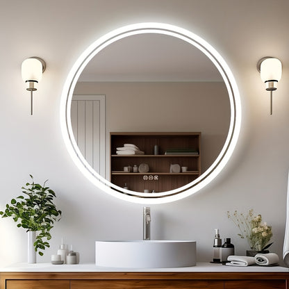 LED Bathroom Mirror Round: Lighting Dimmable Backlit Wall Mirror, Circle Illuminated Anti-Foge Vanity Mirror, 3 Smart Touch Button Makeup With Brightness Adjustable, Memory Function Modern Shaving Mirror With Acrylic Edge