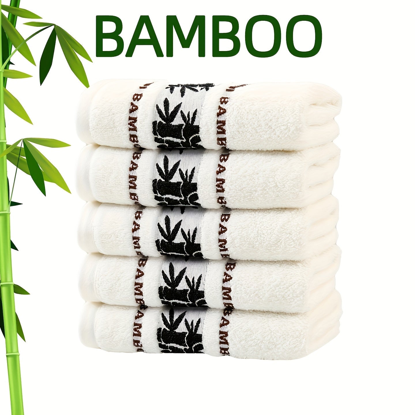 Self Flying Bamboo Fiber Towels Pack of 5 / 5pcs Bamboo Embroidered Hand Towel Set, Absorbent & Quick-Drying Showering Towel, Super Soft & Light Beige-Friendly Bathing Towel, for Home Bathroom, Ideal Bathroom Supplies 35*75cm