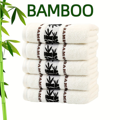 Self Flying Bamboo Fiber Towels Pack of 5 / 5pcs Bamboo Embroidered Hand Towel Set, Absorbent & Quick-Drying Showering Towel, Super Soft & Light Beige-Friendly Bathing Towel, for Home Bathroom, Ideal Bathroom Supplies 35*75cm