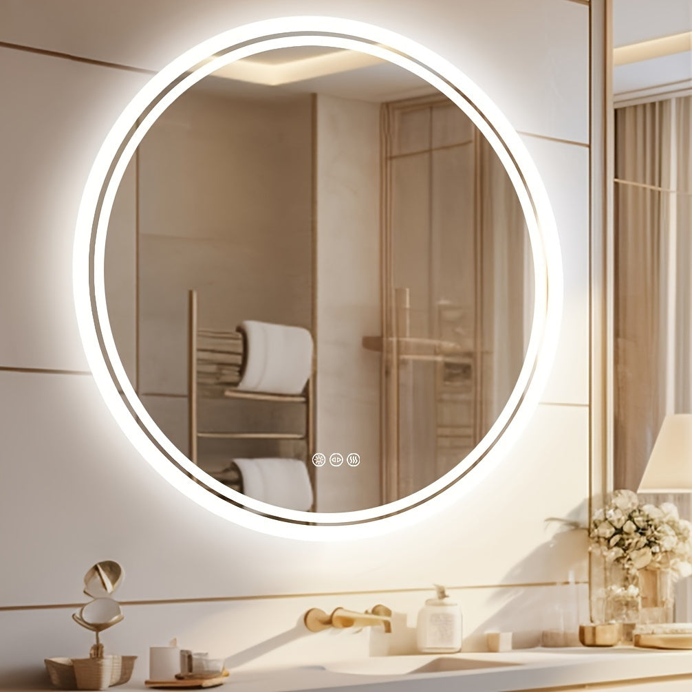 LED Bathroom Mirror Round: Lighting Dimmable Backlit Wall Mirror, Circle Illuminated Anti-Foge Vanity Mirror, 3 Smart Touch Button Makeup With Brightness Adjustable, Memory Function Modern Shaving Mirror With Acrylic Edge