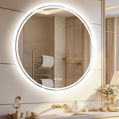 LED Bathroom Mirror Round: Lighting Dimmable Backlit Wall Mirror, Circle Illuminated Anti-Foge Vanity Mirror, 3 Smart Touch Button Makeup With Brightness Adjustable, Memory Function Modern Shaving Mirror With Acrylic Edge