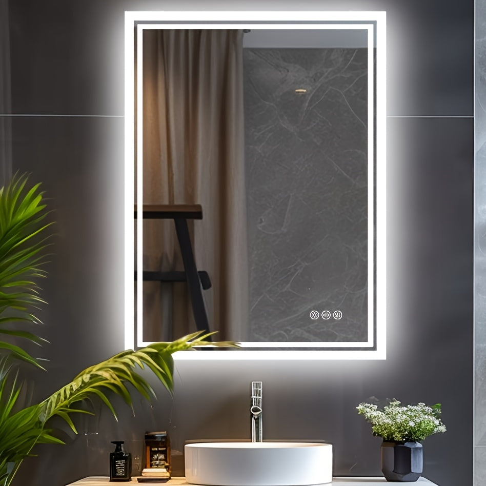 Bathroom Mirror with LED Lights, Large Rectangulaire Makeuo Mirror Dimmable 3 Colour Anti Fog Smart Touch Sensor Vanity Wall Mounted Frosted Glass Frame, Modern Design HD Hanging Bathroom Mirror with Backlit, Vertical Or Hori