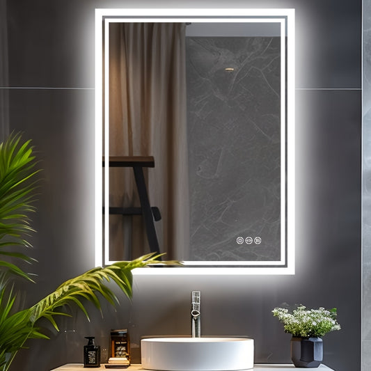 Bathroom Mirror with LED Lights, Large Rectangulaire Makeuo Mirror Dimmable 3 Colour Anti Fog Smart Touch Sensor Vanity Wall Mounted Frosted Glass Frame, Modern Design HD Hanging Bathroom Mirror with Backlit, Vertical Or Hori