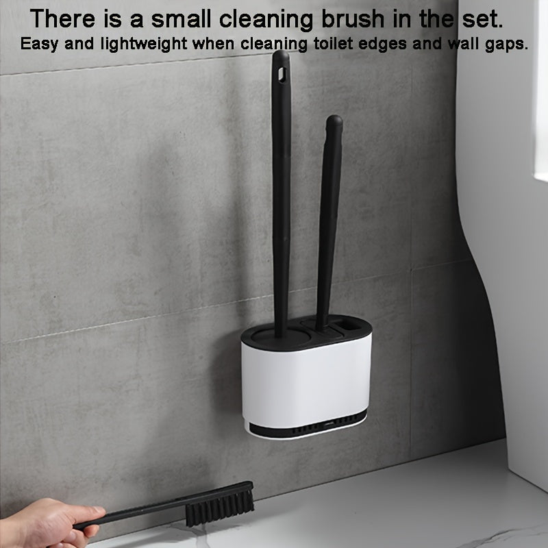3pcs Modern Bathroom Toilet Brush Set with Long Handle, Wall-Mounted Holder, Hard Bristle Brushes, No-Drill Installation, Plastic Material, Electricity-Free Use