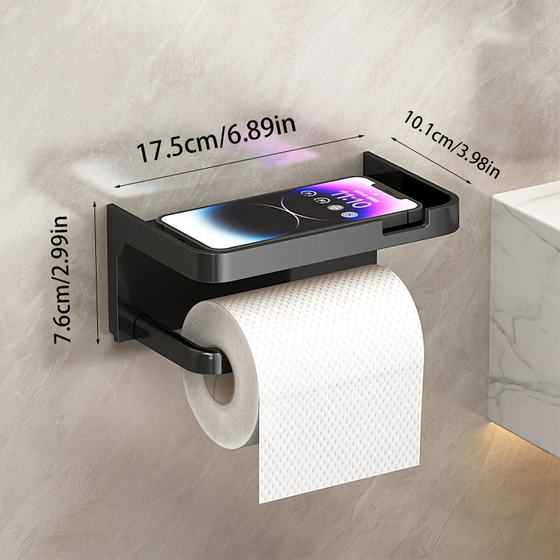 1pc No-Drill Toilet Paper Holder, Hygienic Drawer Roll Paper Rack, Wall-Mounted Bathroom Tissue Holder with Phone Stand, Plastic Material