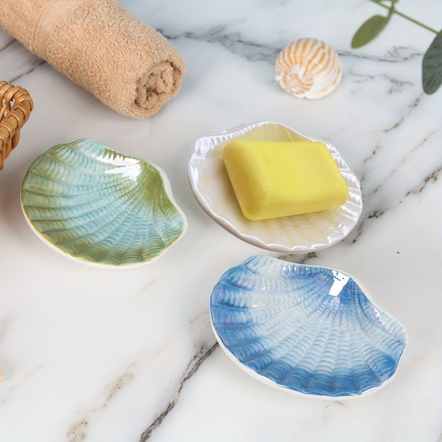 Blue & White Ceramic Ocean Seashell Soap Dish - Elegant Oval Design with Intricate Glossy Finish, Perfect for Bathroom, Tub, and Kitchen Sink, Bathroom Accessories | Decorative Soap Dish | Iridescent Ceramic, Soap Bar Holder