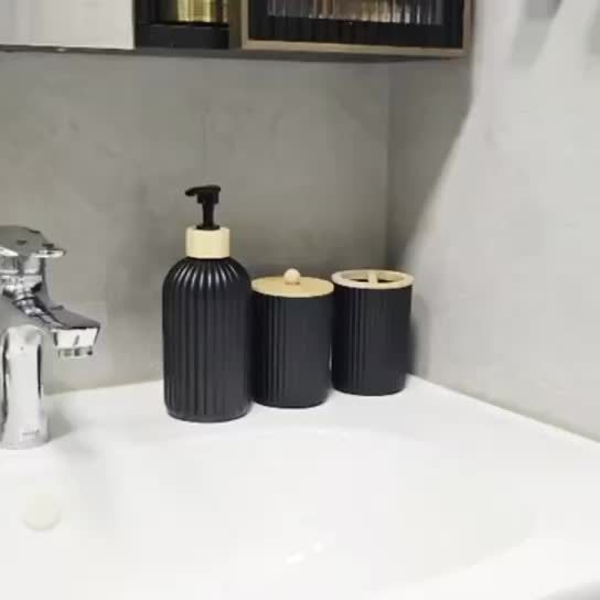 3pcs Refillable Bathroom Dispenser Set, Plastic,, Freestanding, Manual Pump Lotion Dispenser, Swab Holder, Toothbrush Organizer, with No Electricity Needed