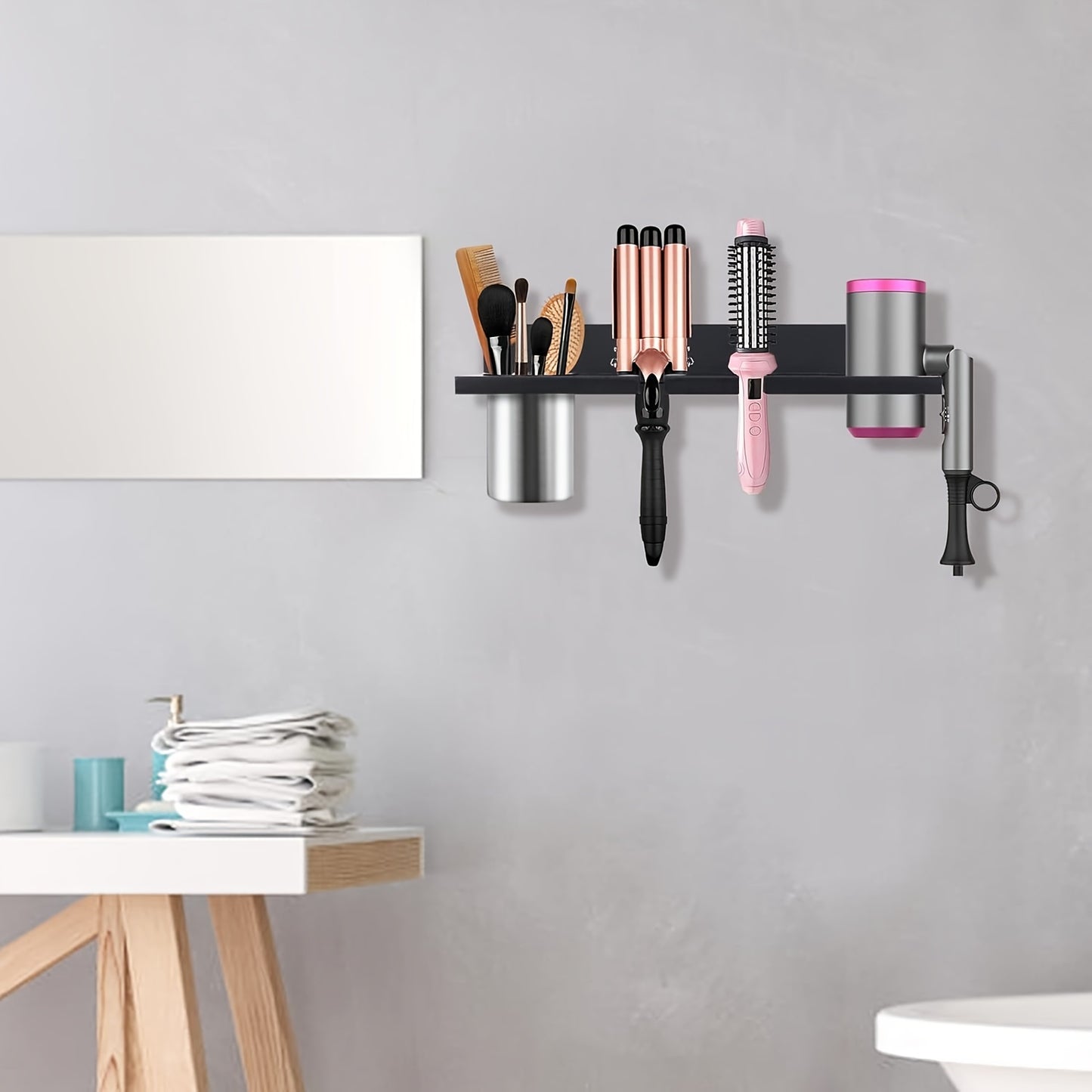 Rustic Wooden Hair Dryer Holder - Wall Mounted Organizer for Blow Dryers, Flat Irons, Curling Wands & Brushes - Space-Saving Bathroom Storage Solution, Hair Styling Tools, Hair Straighteners