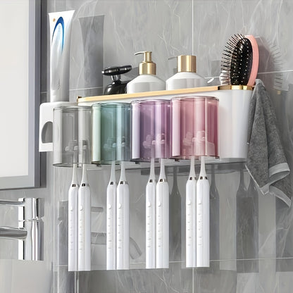 Wall-Mounted Toothbrush Holder Set with Adhesive, No-Drill Installation, Bathroom Storage Organizer with Multiple Slots for Toothbrushes, Toothpaste, Razor, and Tooth-Mug Cups - Unscented, Use Without Power