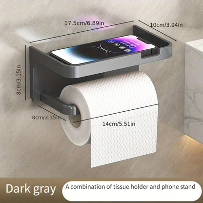 1pc No-Drill Toilet Paper Holder, Hygienic Drawer Roll Paper Rack, Wall-Mounted Bathroom Tissue Holder with Phone Stand, Plastic Material